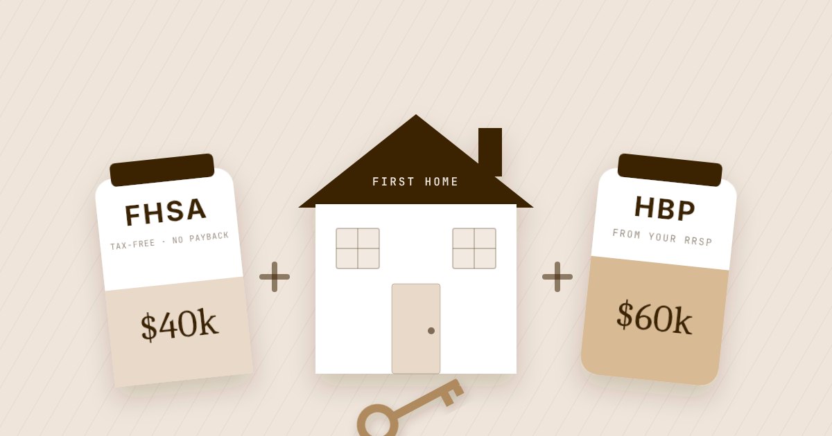 Illustration of a first home between two savings jars labelled FHSA $40k and HBP $60k